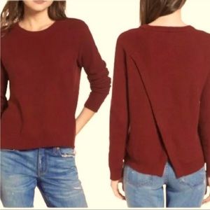 Madewell wool sweater with open back detail, rust colored